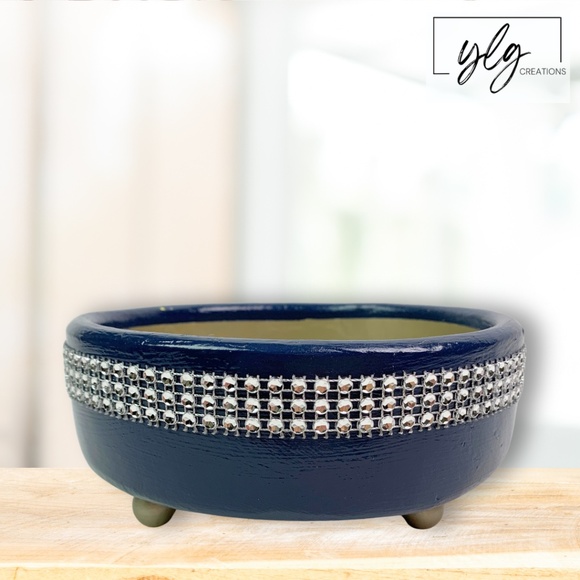 Wood Trinket Bowl Hand Painted Blue Metallic Silver Jeweled Repurposed Crafted - Picture 1 of 10